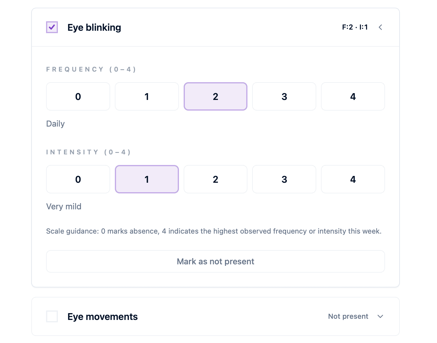 Track form upper section with Motor tics and Vocal tics section labels clearly visible, demonstrating a short weekly check-in.